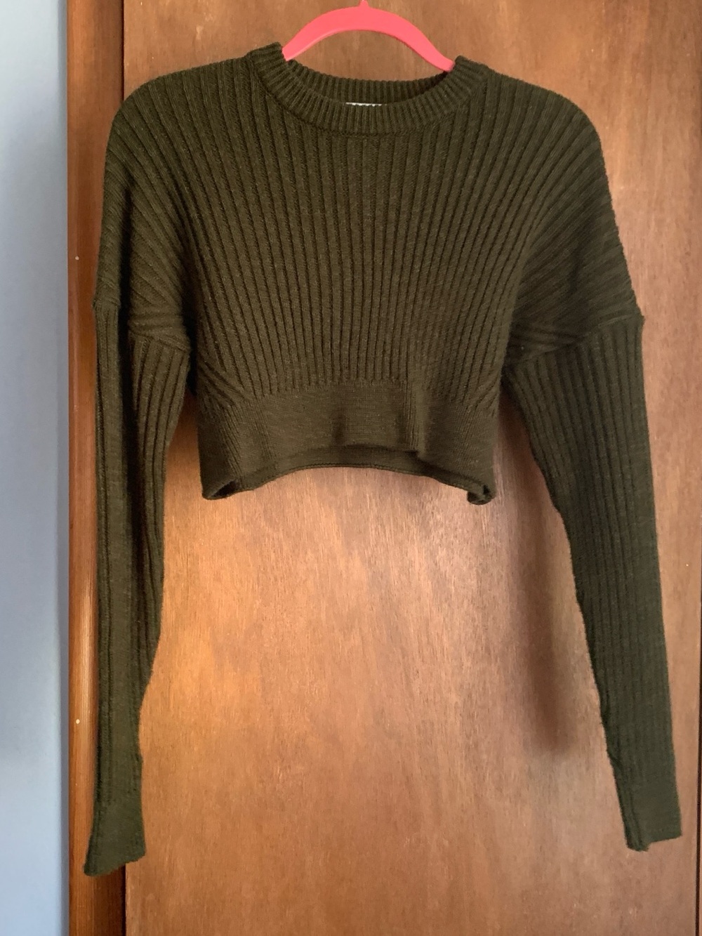 Urban Outfitters Cropped Ribbed Crewneck Sweater - Olive